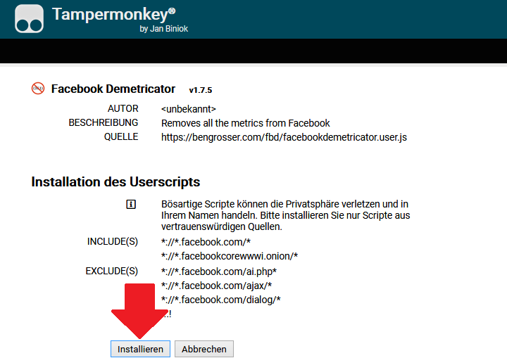 Screenshot, wie man den Facebook Demetricator bei Tampermonkey installieren kann.