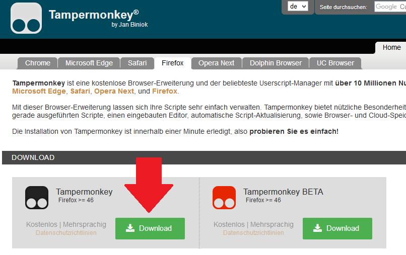 Screenshot von der Website, auf der man das Add-on Tapermonkey herunterladen kann.