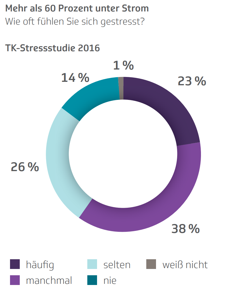 Ein Ringdiagramm zeigt, dass sich 38 Prozent der Befragten häufig gestresst fühlen. 23 Prozent manchmal, 26 Prozent selten und 14 Prozent nie.