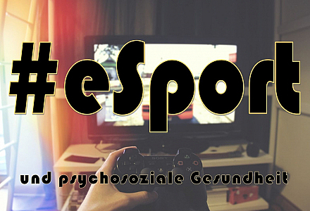 eSport Webinar-Titel psychosoziale Gesundheit, im Hintergrund ein Bildschirm mit Autorennen und ein Playstation-Controller