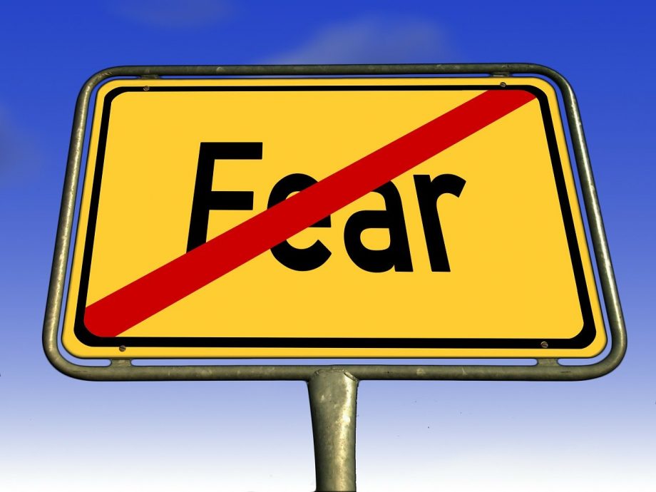 Ortsschild, auf dem ein durchgestrichenes "Fear" wie in Fear of Missing Out (FOMO) zu lesen ist.
