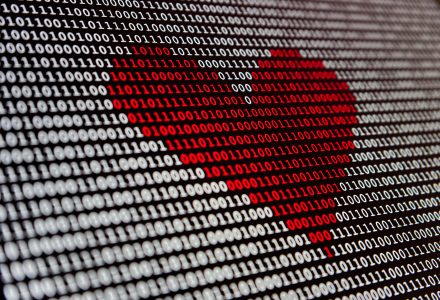 Programmiersprache. Ein Bildschirm voller Nullen und Einsen. In der Mitte sind einige Nullen Einsen rot gefärbt und bilden zusammen ein Herz.