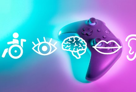Controller und Symbole für Rollstuhl, Auge, Gehirn, Mund und Ohr