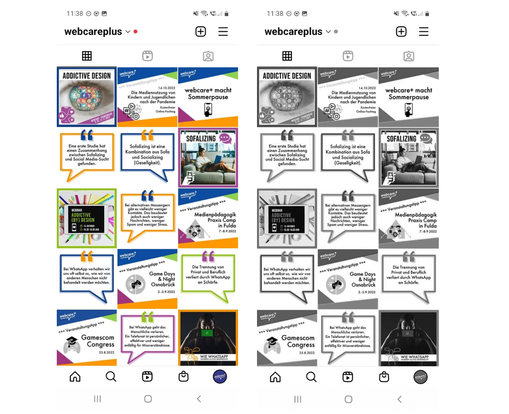 Screenshot vom webcareü Instagram-Profil, links in bunt, rechts in Grautönen