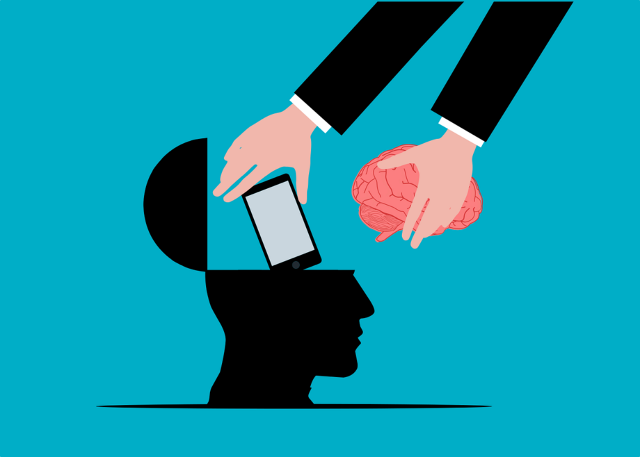 Zeichnung: EIne Person klappt einen Schädel auf und tauscht das darin befindliche Handy egegen ein Gehirn aus. 