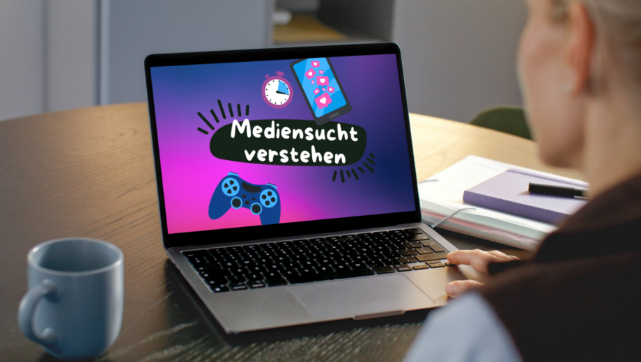 Laptop mit dem Logo vom Podcast Mediensucht verstehen