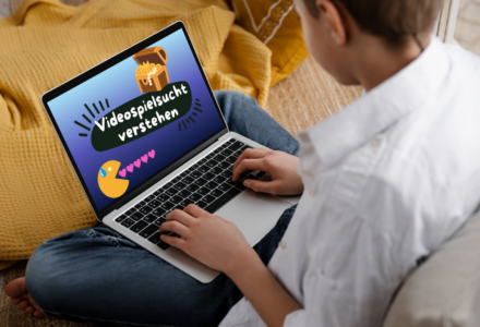 Logo von Videospielsucht verstehen auf einem Laptop