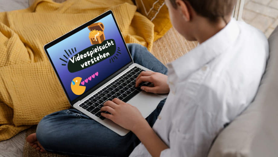 Logo von Videospielsucht verstehen auf einem Laptop